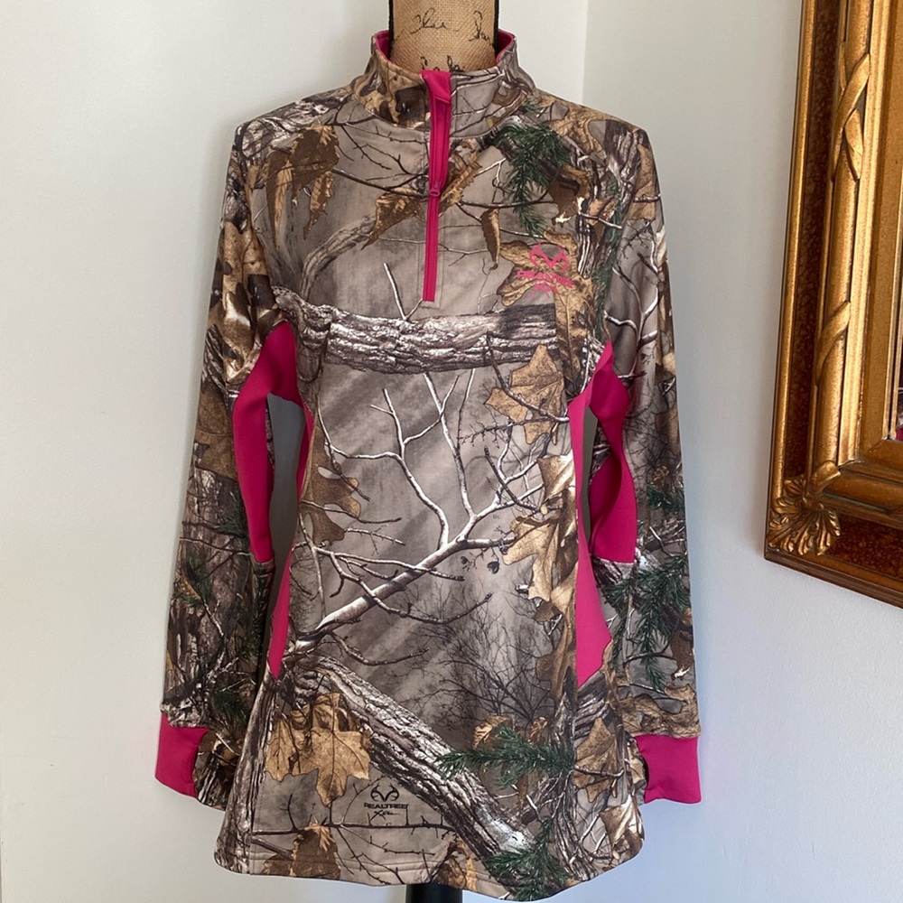 Realtree Pullover Quarter Zip Lightweight Slim Camo Sweatshirt Brown Pink XL